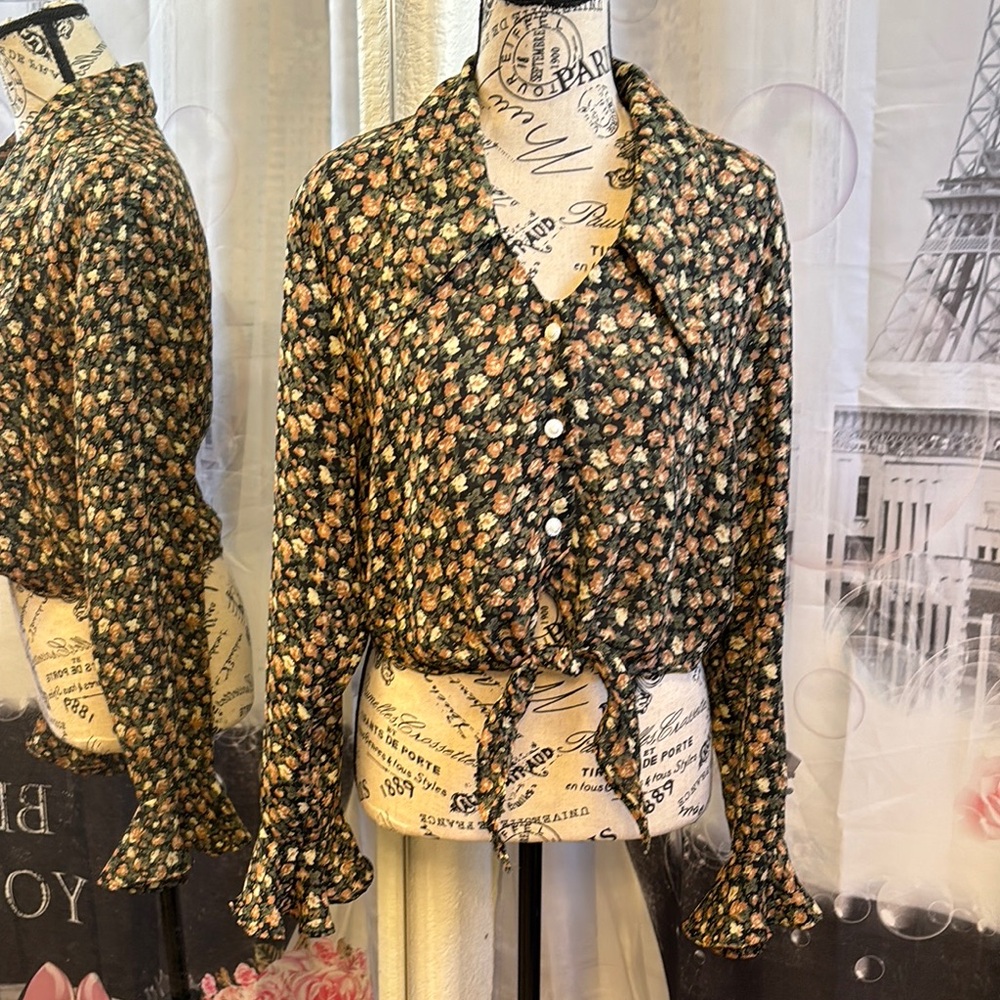 Daniella Lifestyle Floral Button-Up, Front Tie Blouse